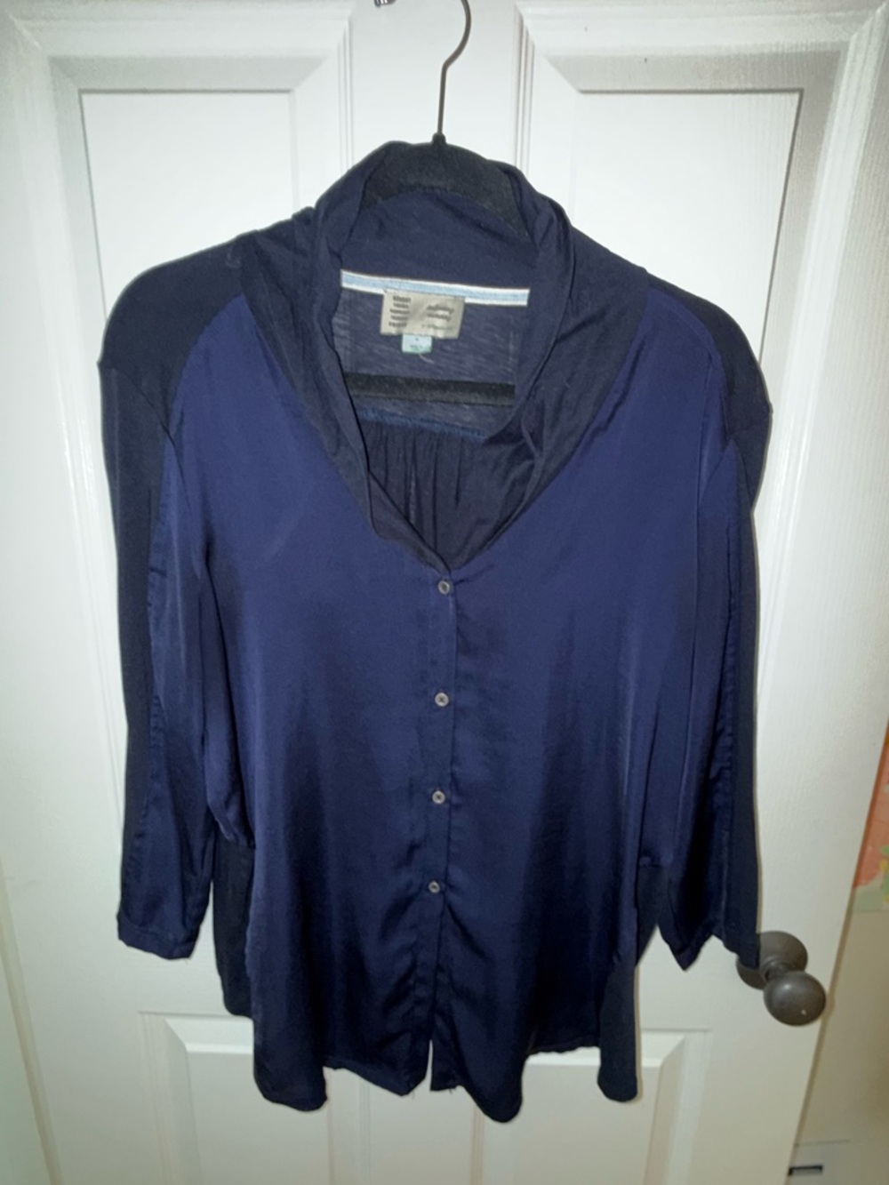 Anthropologie mixed media Navy Button-Front Women's Top with shawl collar